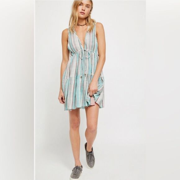 Free People Multicolor Striped Tiered Dress; Size Medium - Picture 3 of 9